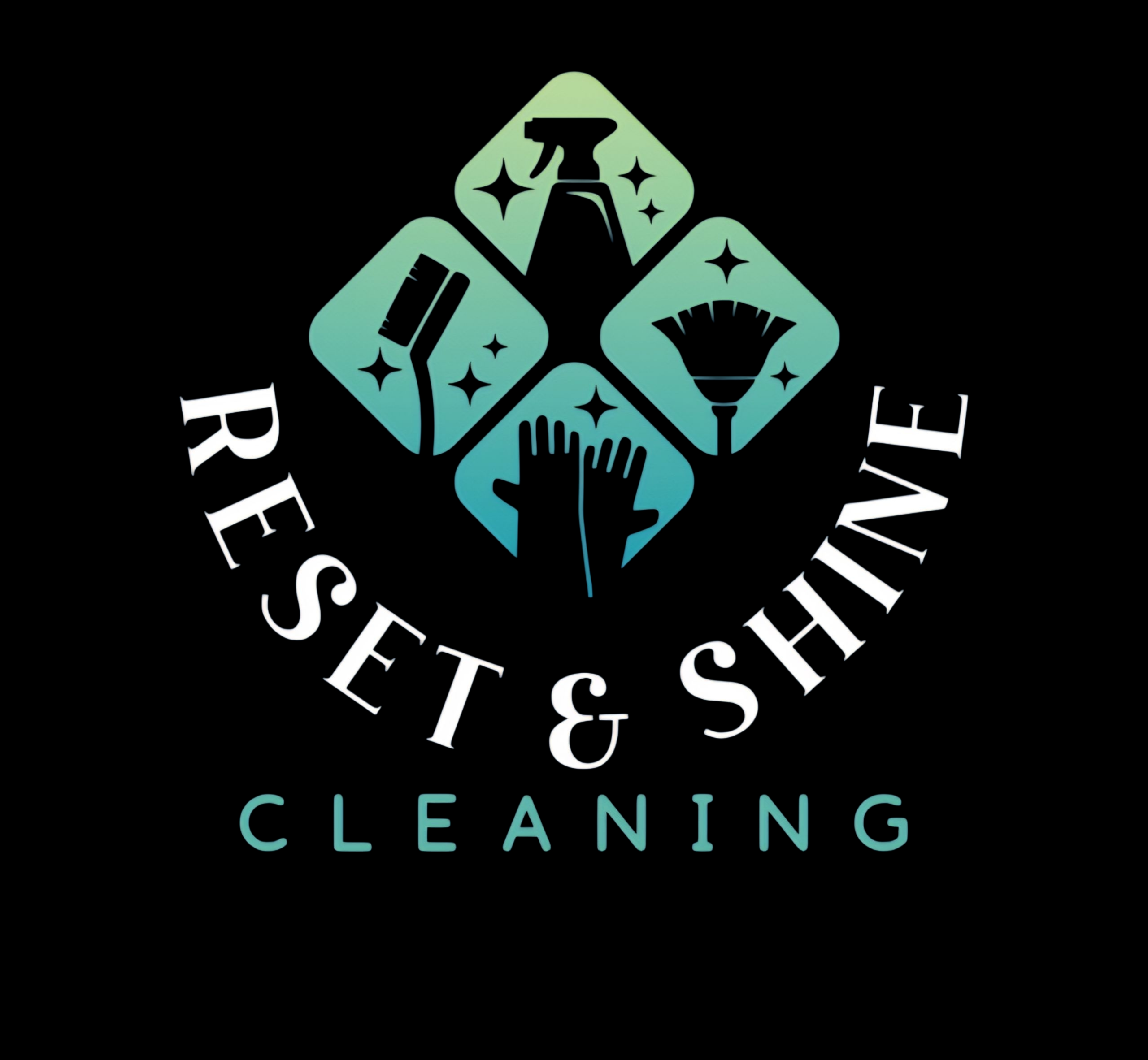 The official logo for Reset & Shine Cleaning, featuring four quadrants with cleaning icons: a spray bottle, a scrub brush, a duster/broom, and gloves, all surrounded by the company name.