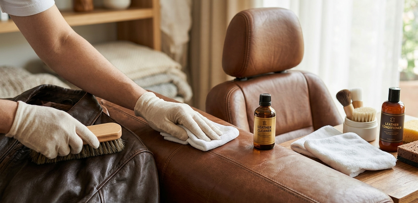 Professional cleaning a brown leather jacket and sofa using a soft brush, microfiber cloth, and leather cleaner bottles.