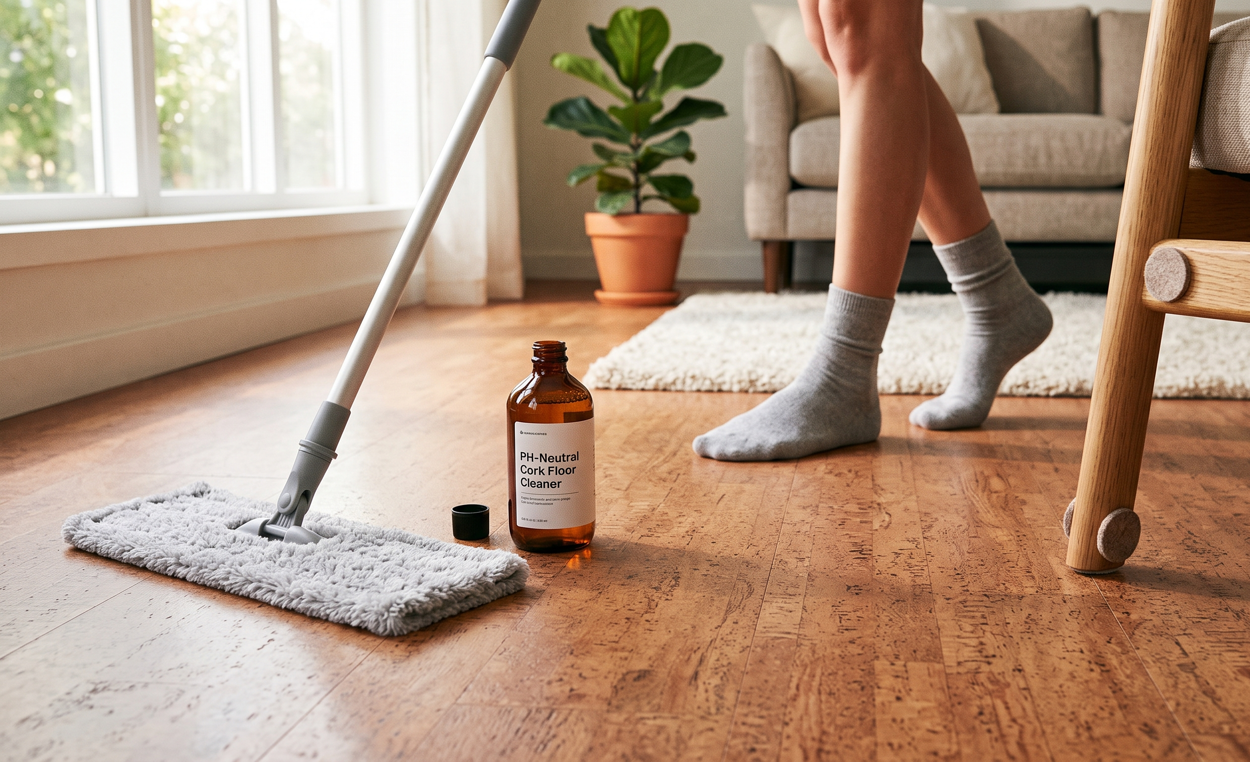 Microfiber flat mop cleaning warm cork flooring next to an amber glass bottle of pH-neutral cork floor cleaner in a bright living room.
